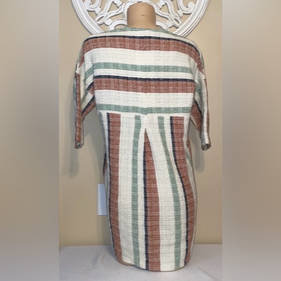 Billy Reid womens dress XS 0 2 mini stripe cream tan short sleeve stretch flax - Picture 4 of 9